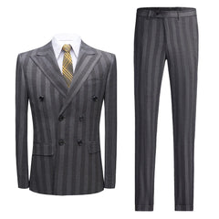 Threebooy Gray Double-Breasted Striped Gentleman Suit -High-End Tailored Elegance -3 Styles,Fits Big and Tall Mens