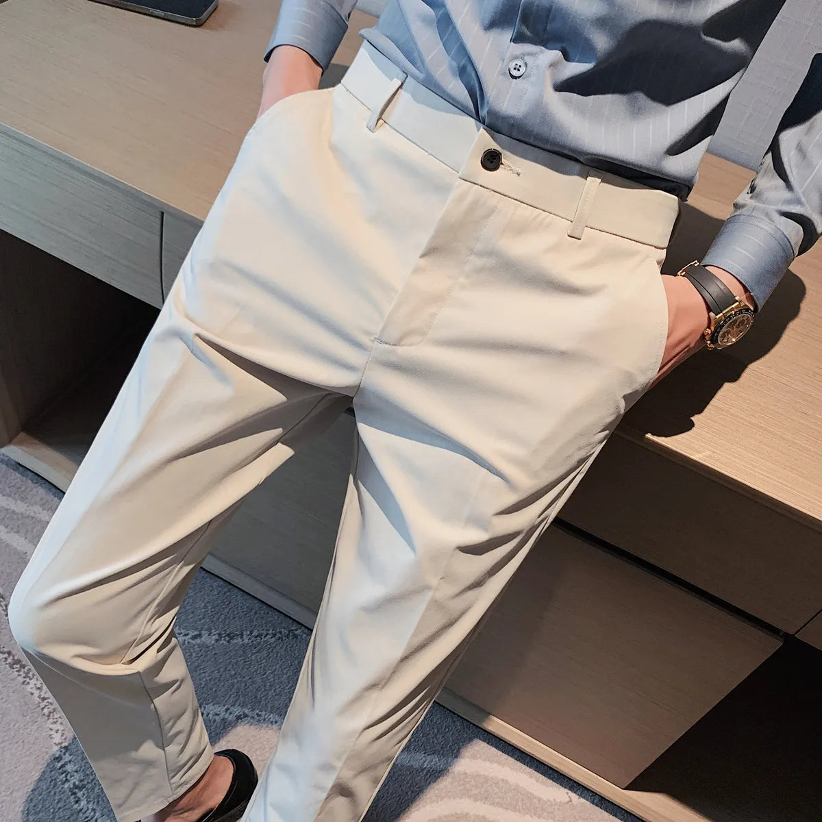 Threebooy New Slim Men's Pants Stretch Trousers Men Sunmmer High Quality Classic Solid Color Business Casual Wear Formal Suit Pants