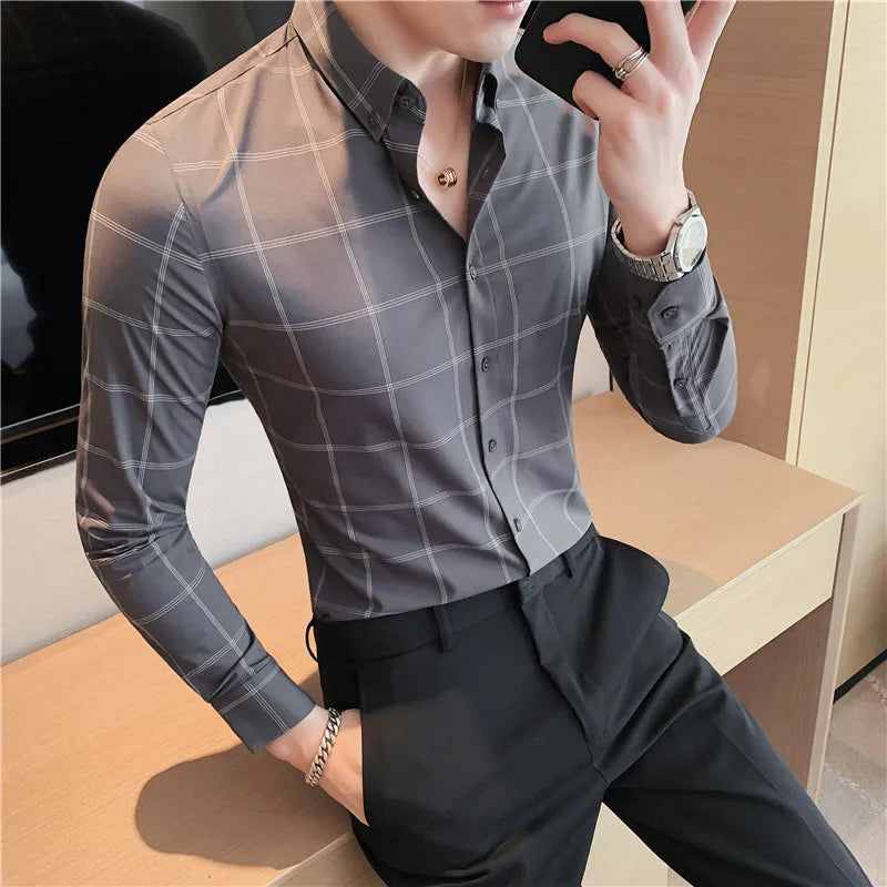 Threebooy Spring Business Casual Plaid Shirt Men's Formal Workwear Wedding Dress Slim Social Party Clothes Checked Shirt S-4XL