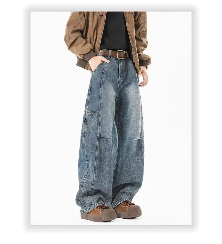 Threebooy Hip hop personality trend men and women straight leg washed jeans American couple loose retro curved knife casual pants y2k