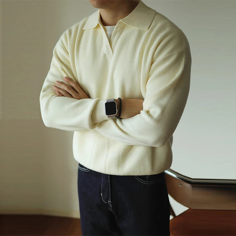 Threebooy  New American Chic Men Polo Sweater Luxury Trendy Business V Neck Knit Solid Color Pullover Leisure Slim-fit Long Sleeve Knitwear