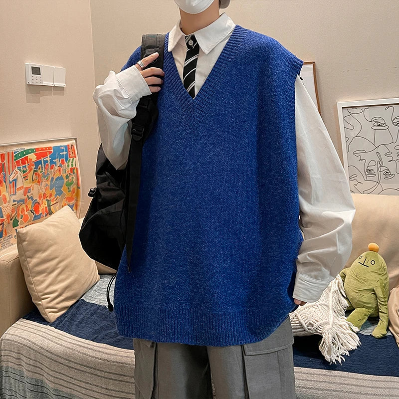Threebooy Autumn Streetwear Mens Loose Sweater Vest Casual Thermal Oversized Winter Sweater Vest Men Sweater Vest  for Daily Wear