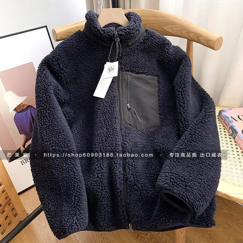 Threebooy Autumn Winter Lambswool Coat Male Loose Windproof Warm Sherpa Stand Collar Polar Fleece Jacket Unisex Simple  Pocket Spliced Top