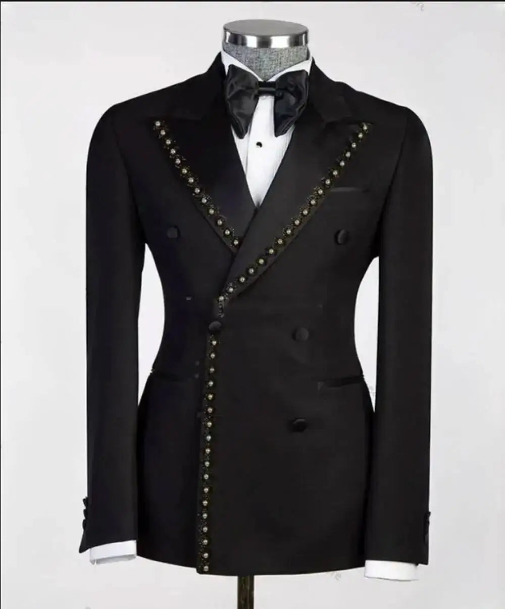 Threebooy  Fashion Men‘s’ Suits 2 Piece Set With Gold Beads Custom One Button Slim Fit Tuxedo Wedding Formal Business Prom