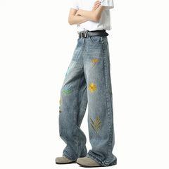Threebooy Jeans Men Washed Embroidered Jeans Loose Fit Straight Wide Leg Casual Denim Pants Fashion Trendy Streetwear Trousers Comfort