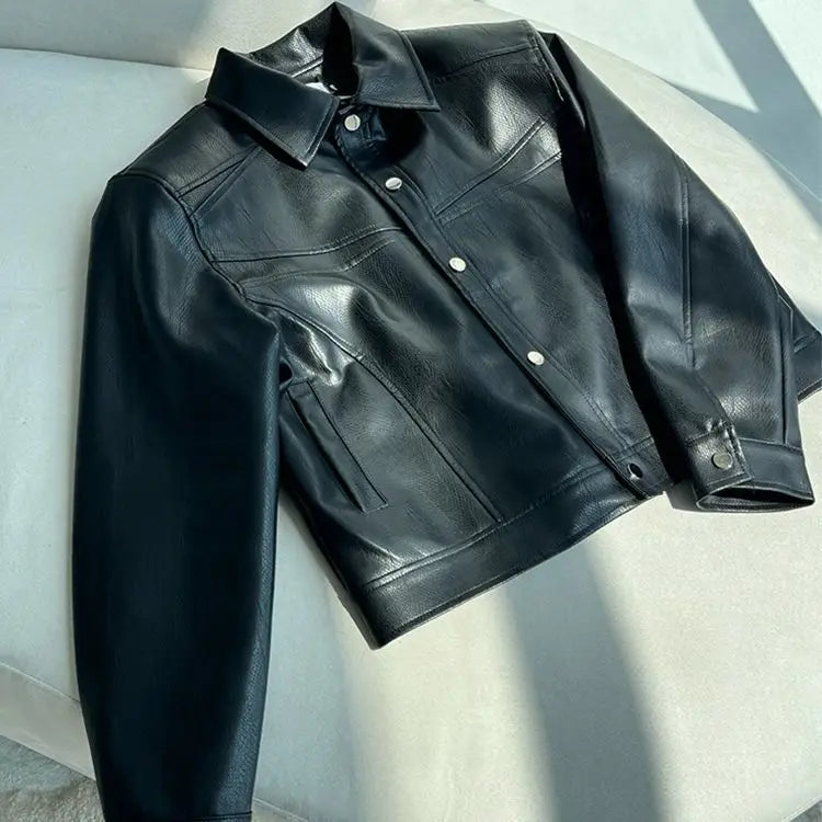 Threebooy American Street High-end Coat Trendy Leather Jacket Korean Elegant 2025 Spring Men's New PU Lapel Slim Loose Jacket Aesthetic