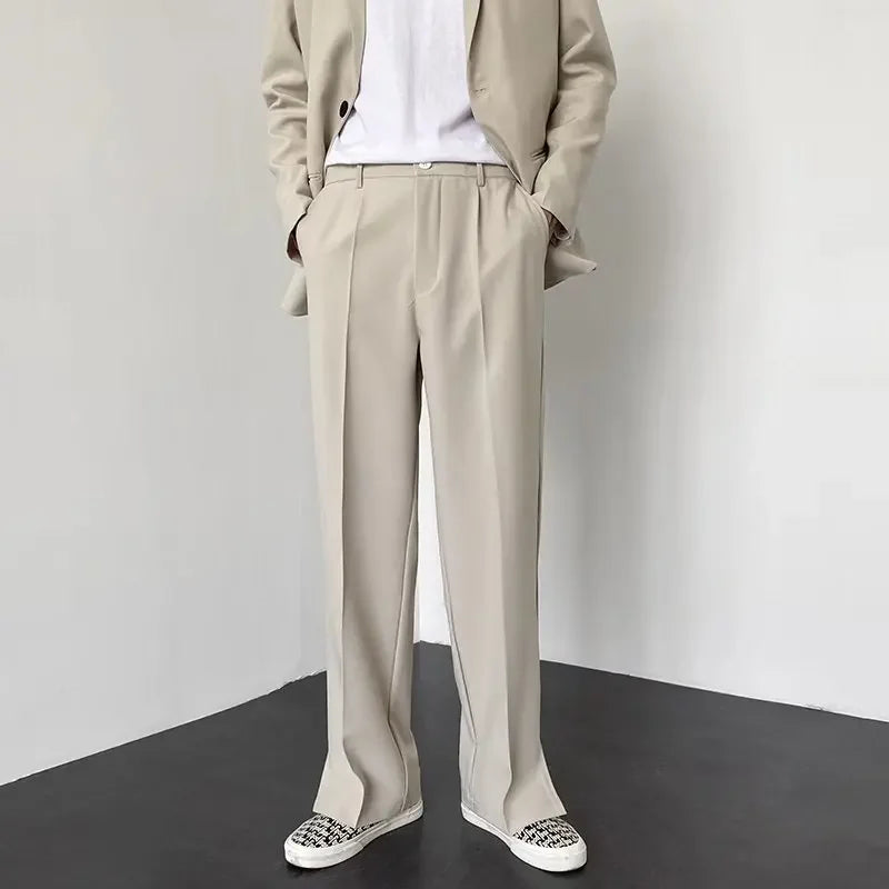 Threebooy  Men Casual Pants Summer New Fashion Korean Slim Suit Pants Personality Slit Wide Blazer Trousers Male Streetwear