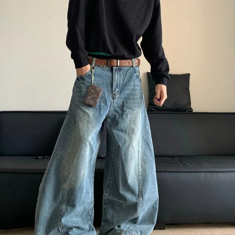 Threebooy  American Retro Washable Loose Straight Jeans Men's Trendy Brand Cleanfit Banana Wide-leg Pants Korean Reviews Many Men's Clothes