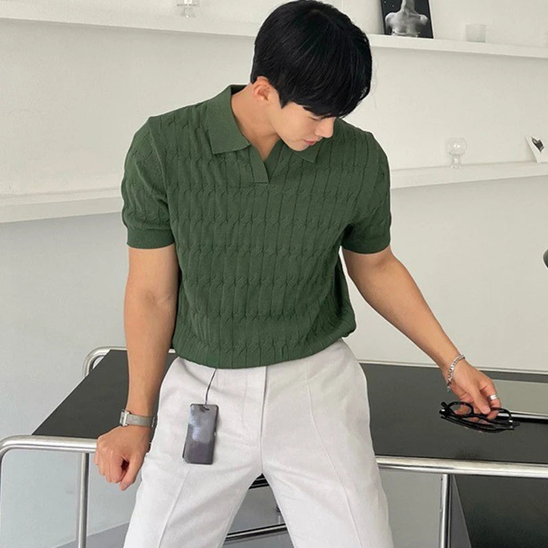 Threebooy  Summer Clothing Men's Luxury Knitted Jacquard Skinny Polo Shirt Korean Popular Breathable Leisure V Neck Short Sleeve Knitwear