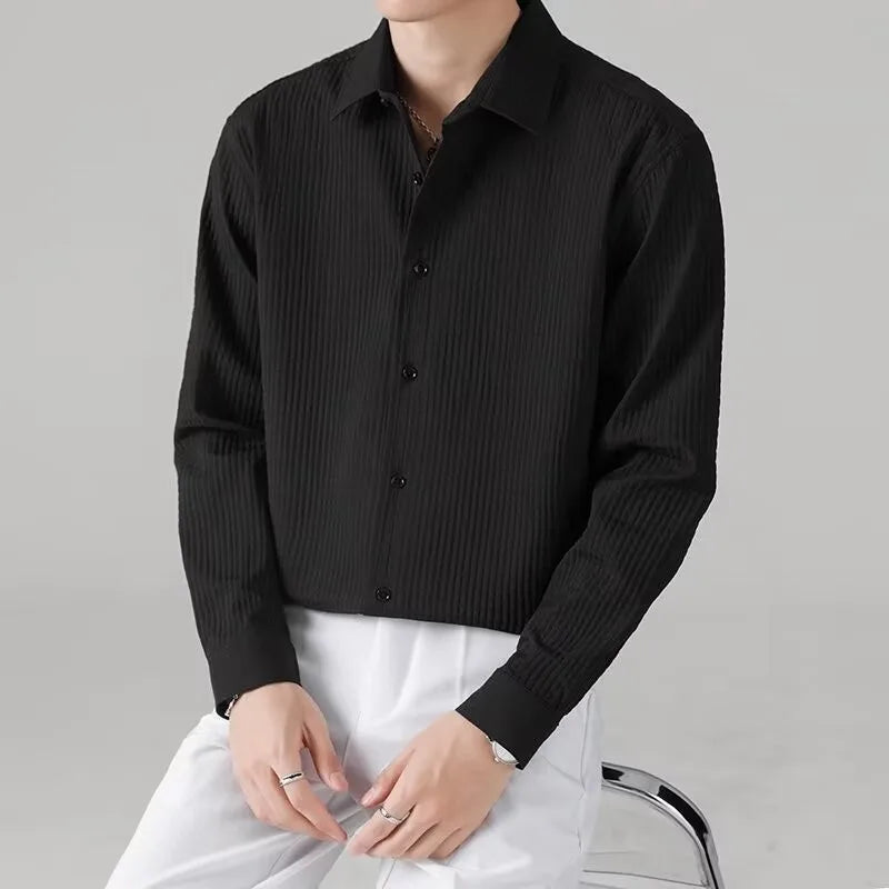 Threebooy New Men Luxury Korean Style Shirts Casual Long Sleeve Drapped Solid Color Button-down Cardigan Fashion Business Leisure Blouse