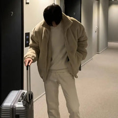 Threebooy Winter Lamb Wool Jacket Men's Loose Elegant Velvet Thick Cotton Jacket Hong Kong Style Casual Polar Fleece Padded Coat