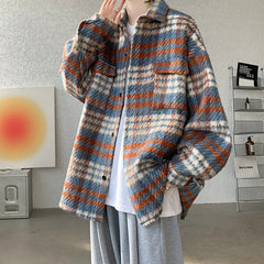 Threebooy Winter Short Woolen Coat Men Retro Thickened Woolen Jacket Men Korean Loose Plaid Woolen Coat Men Oversized Thick Jackets M-2XL