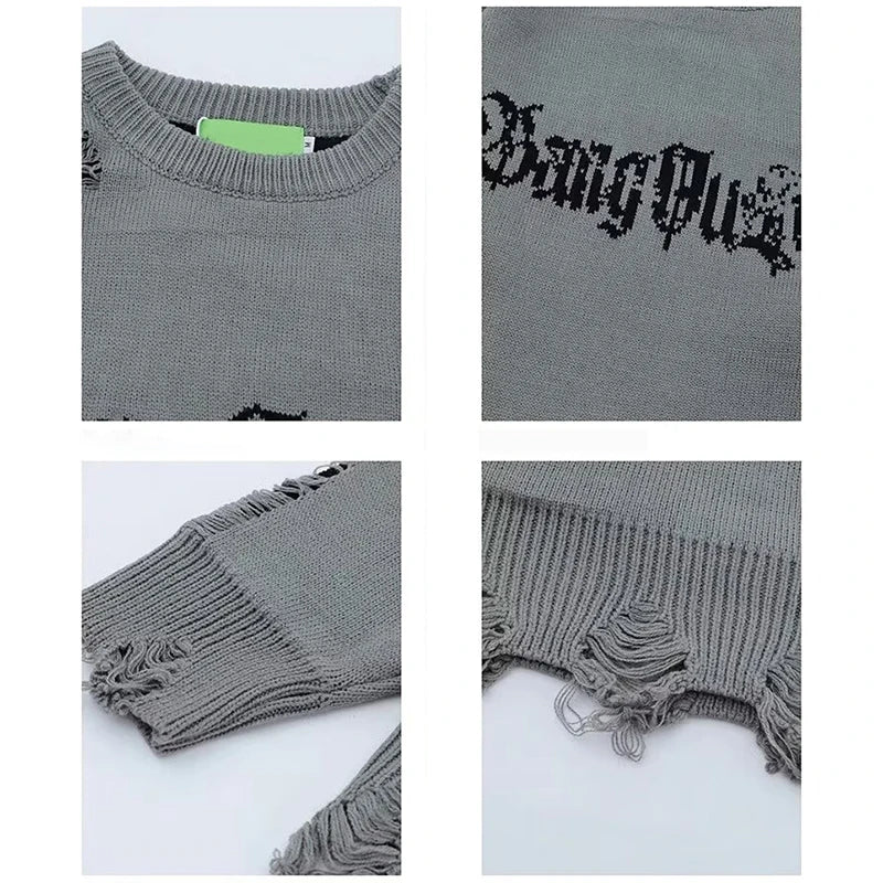 Threebooy New Hole Sweater Male Autumn Vintage High Street Gothic Dark Pullover Round-Neck Knit Design Irregular Letters Oversize Sweater