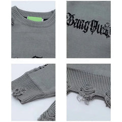 Threebooy New Hole Sweater Male Autumn Vintage High Street Gothic Dark Pullover Round-Neck Knit Design Irregular Letters Oversize Sweater