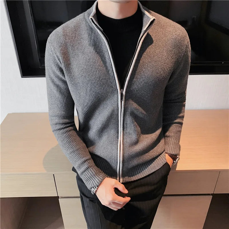 Threebooy  Autumn Winter Warm Cardigan Men Fleece Zipper Sweaters Jackets Men Slim Fit Knitted Sweatercoat Thick Cardigan Sweater Coat