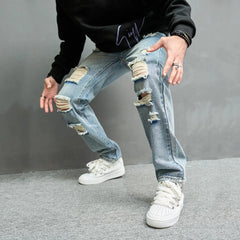 Threebooy New Simple Men Loose Ripped Straight Jeans Pants Male Streetwear Stylish Casual Denim Trousers