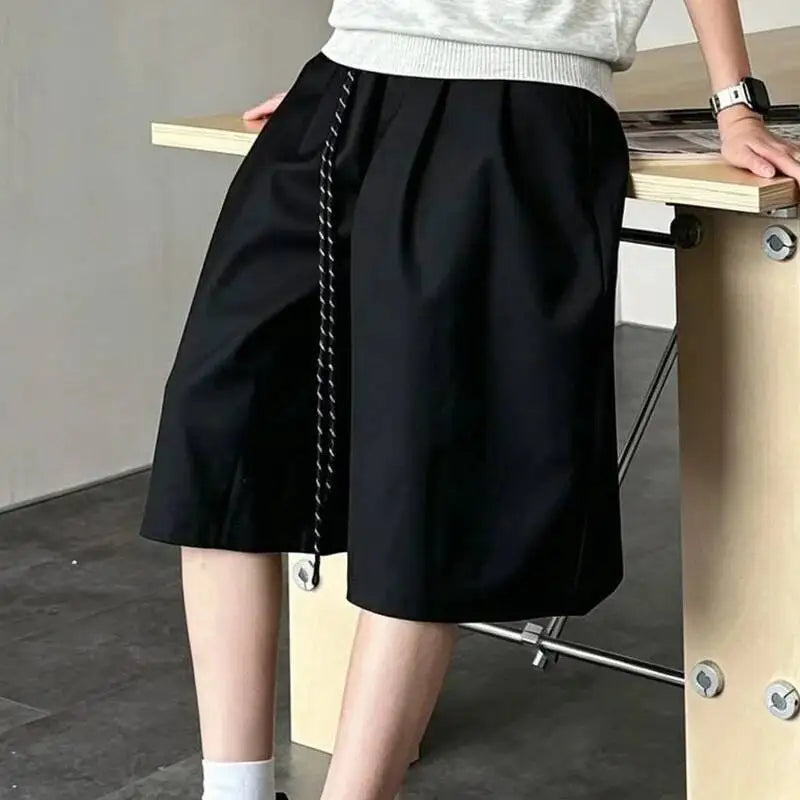 Threebooy  Men Summer Casual Cropped Pants Drawstring Waist Straight Fit Streetwear Lightweight Breathable Solid Color Shorts