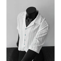 Threebooy  White Hollow Short-sleeved Shirt Men's Summer American Retro Ice Silk Cool Cuban Collar Shirt Fashionable Half-sleeved Urban