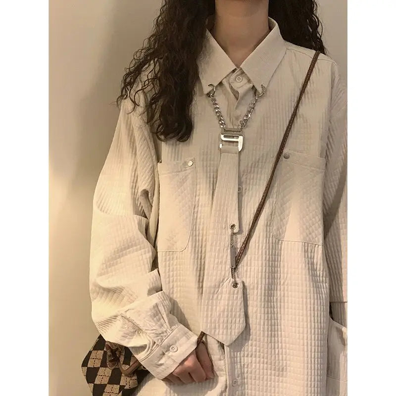 Threebooy Simple Cityboy Blouse Spring Autumn American Retro Corn Tie Long Sleeve Shirt Women Couple Tie Shirt Jacket Punk Design Top