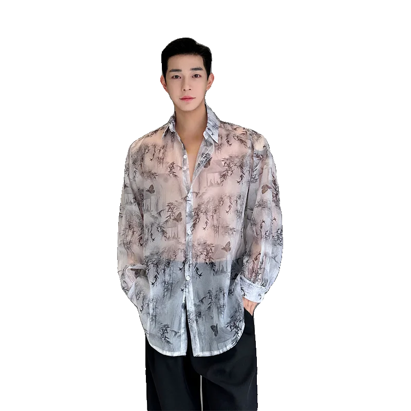 Threebooy Transparent Shirt Men Fashion Printed Harajuku Shirt Top Korean Loose Casual Clothes Sun-proof Daily All-match Summer Holiday