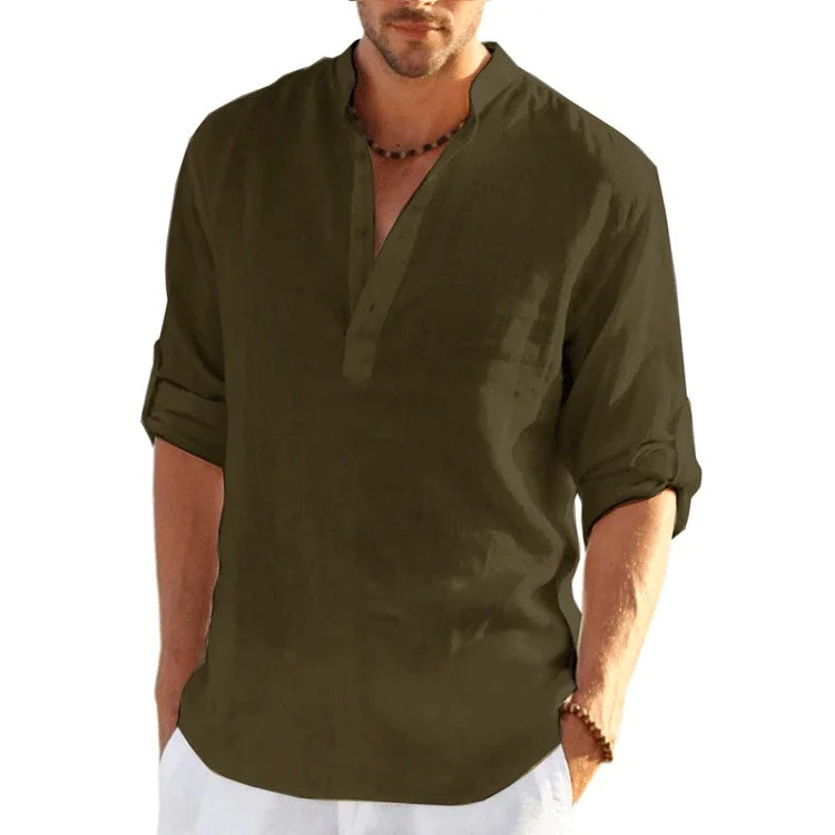 Threebooy  New Linen Shirt Men Brief Breathable Comfy Solid Color Long Sleeve Loose Harajuku Casual Blouse Hawaiian Shirts