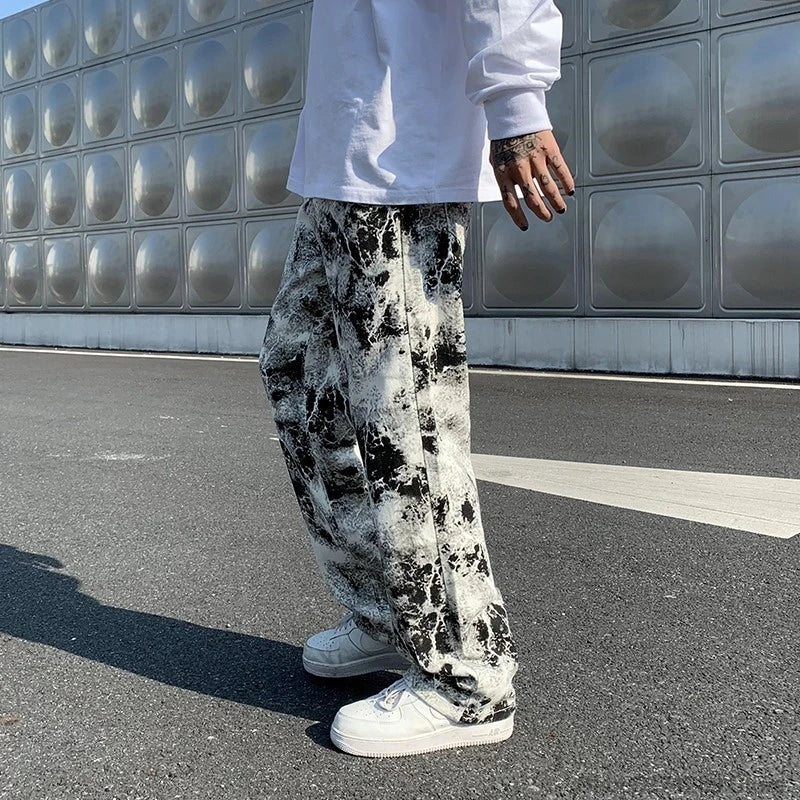 Threebooy Mens Jean Fashion Printed jeans Spring Mopping Trousers Jeans Korean Style High Street Loose Hip Hop Wide-leg Jean Pants