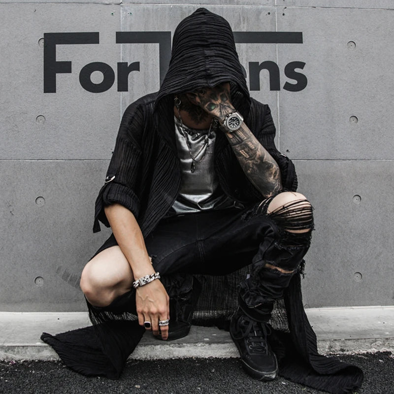 Threebooy Punk rock hip hop black long shirt hooded cloak cardigan men linen oversize blouse Nightclub DJ singer gothic vintage streetwear