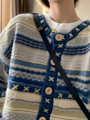 Threebooy Vintage Cardigan Sweater Men Blue Long Sleeve Striped Sweater Coat V-neck Casual Knitted Jumpers Male Korean Clothes