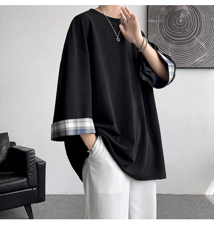 Threebooy men t shirts Loose Summer Men's T-shirts Women Oversized Korean Style Plaid T-shirt Casual Seven sleeves T-Shirt Male White
