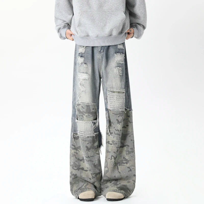 Threebooy Camouflage Wide jeans men Ripped Patchwork New Mainstream Hip Hop Skateboard Men Women Streetwear High Street Super Loose Jeans