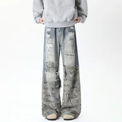 Threebooy Camouflage Wide jeans men Ripped Patchwork New Mainstream Hip Hop Skateboard Men Women Streetwear High Street Super Loose Jeans