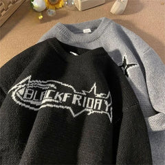 Threebooy Retro Embroidery Sweater Men Women Autumn Winter Thick American Vintage Letter Pullover High Street Loose Knit Sweater Jacket