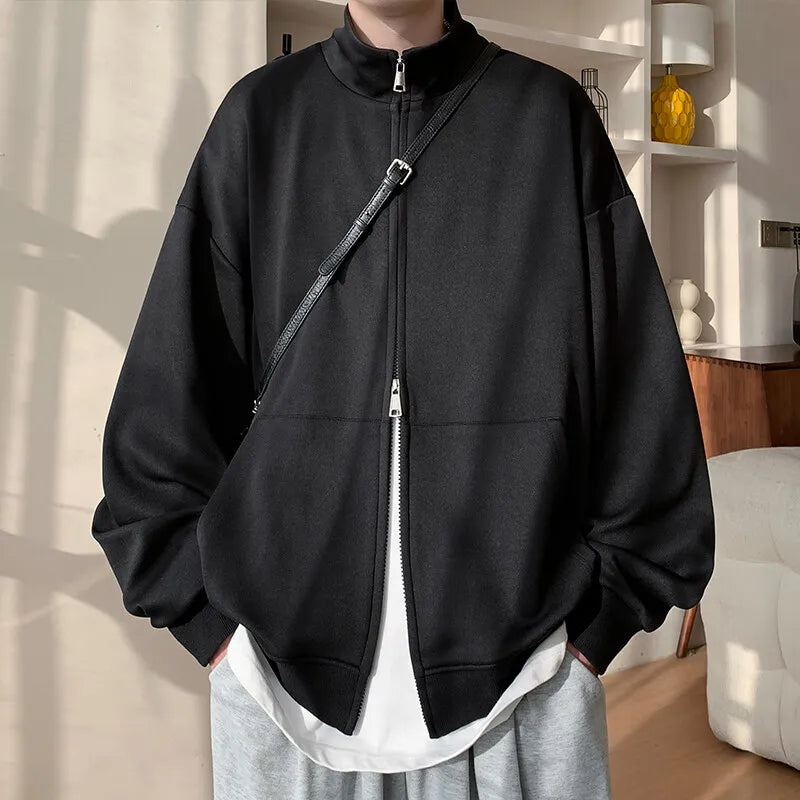 Threebooy Spring Autumn Men's Stand Collar Cardigan Hoodies Solid Color Loose Hoodie Outerwear Men Fashion Double Zipper Casual Jacket 5XL