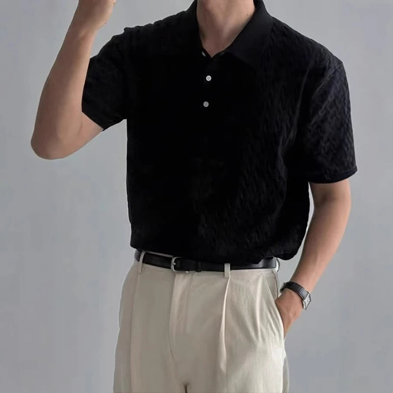 Threebooy Summer New Trend Men Fashion Polo Shirt Light Luxury Textured Knitted T-shirt Business Style Short Sleeve Casual Jacquard Tops