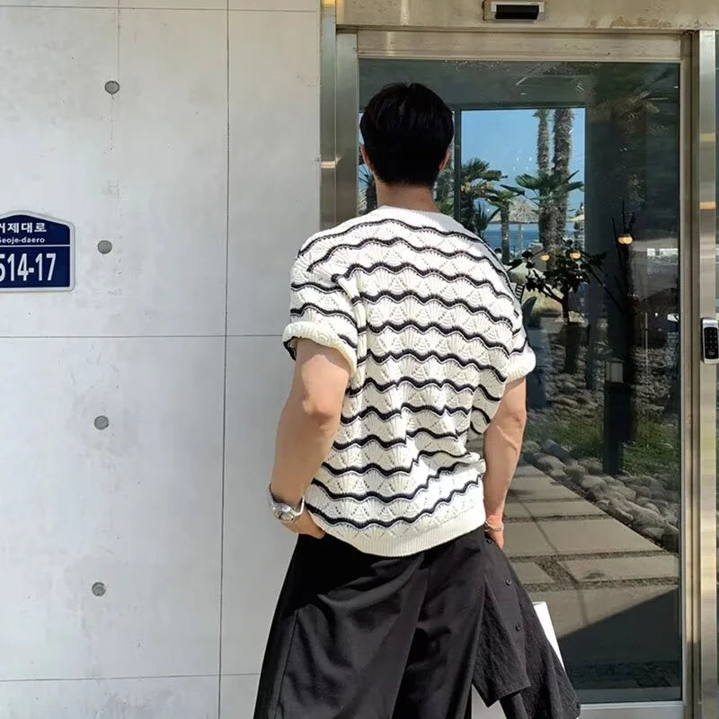 Threebooy  2025 Summer Men's Knit Jacquard Short Sleeve T-shirts Striped Hollow Out Casual Tshirts New Y2K Vintage Streetwear Tee Tops