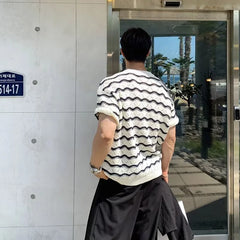 Threebooy  2025 Summer Men's Knit Jacquard Short Sleeve T-shirts Striped Hollow Out Casual Tshirts New Y2K Vintage Streetwear Tee Tops
