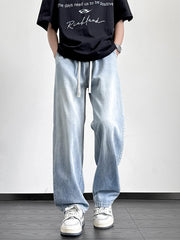 Threebooy Summer Men's Jeans Korean Fashion Lightweight Lyocell Cotton Straight Denim Pants Loose Fit Wide Leg Jeans Trousers