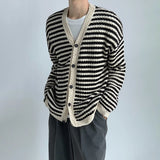 Threebooy Mens Autumn Winter Y2k Black Apricot Striped Cardigan Knitted Sweater New Essential Comfortable Loose Casual Jacket For Men