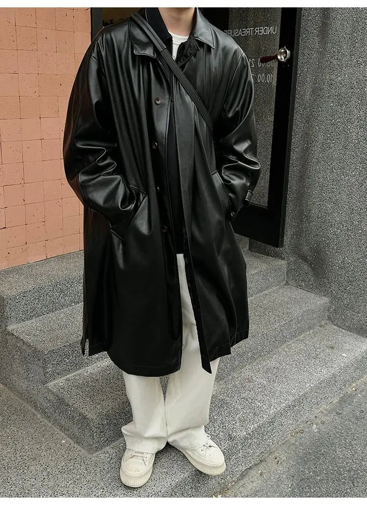 Threebooy 2025 Spring Pu Leather Jacket Men's Mid-length American Retro Long Jacket Lapel Button Coat Trendy Cityboy Windbreaker