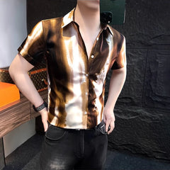 Threebooy  High Quality Summer Tie Dye Short Sleeved Shirt Men Ice Silk Breathable Slim Casual Business Shirt Streetwear Social Shirts