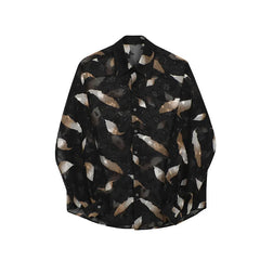 Threebooy Men Sexy Feather Hollowed Out Shirt Men's Lapel Long Sleeved Transparent Clothing Streetwear Casual Loose Trendy Design Tops