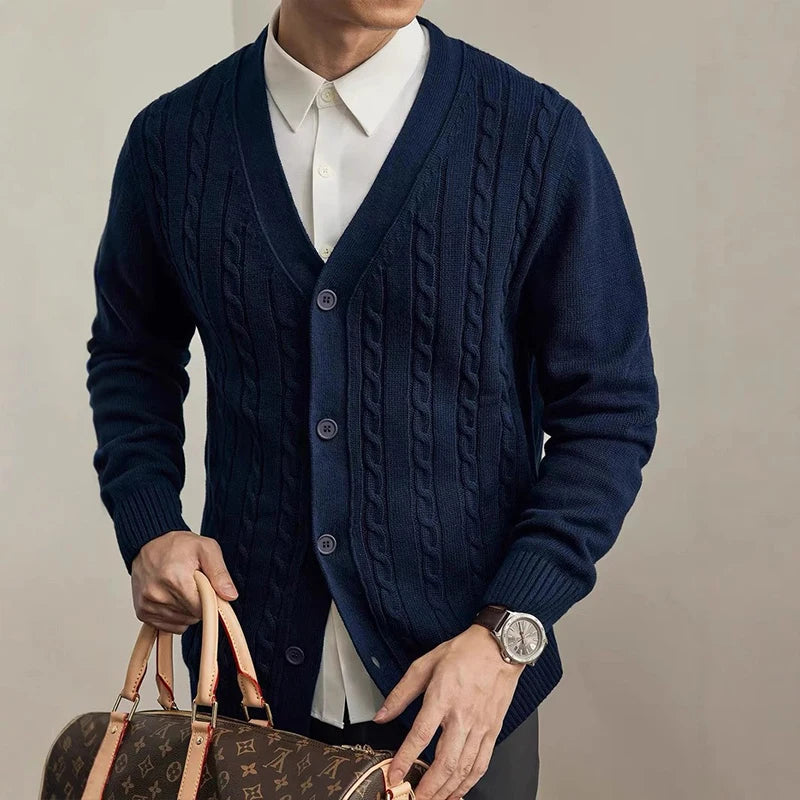Threebooy New Men Luxury Knitted Cardigan Jacket Fashion V Neck Button Sweater Long Sleeve Streetwear Leisure Premium Coat Autumn Knitwear