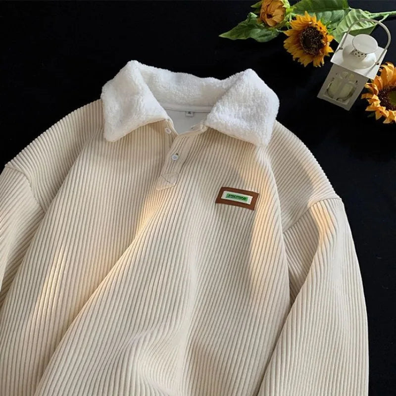 Threebooy Men's Corduroy Polo Shirt Sweater Women's Autumn Winter Fleece Thick Coat Turndown Collar Buttons Long Sleeves Warm Tops