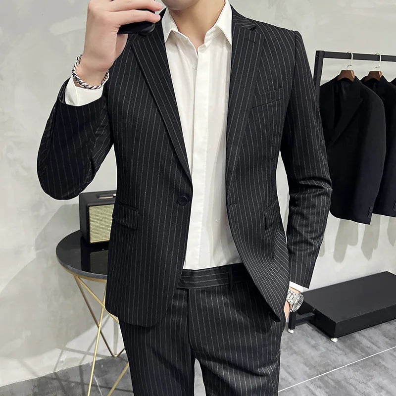 Threebooy (Jacket Pants) Stripe Suits for Men2-Piece Business Khaki Wedding Best Dress Man Tuxedo Slim Fit Formal Blazer Set Custom M-5XL