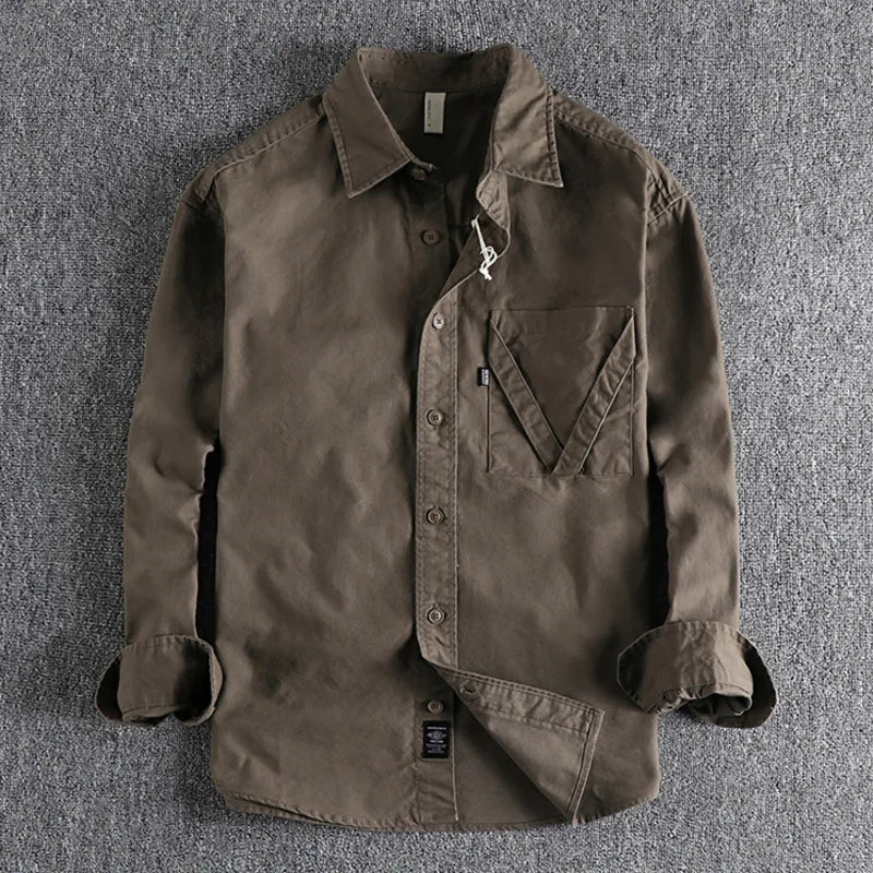 Threebooy  Cargo Men Long Sleeve Shirt Pure Cotton Design Pocket Washable Old Vintage Workwear Tops Male Fashion Casual Thin Shirts Jackets