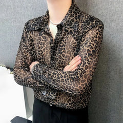 Threebooy Mens Sexy Leopard Print Mesh See-Through Ice Silk Shirt Autumn Genderless Fashion Youth Nightclub Breathable Hollow Top Unisex