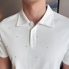 Threebooy  Summer Star Glitter Men's Short Sleeved Polo Shirt Korean Fashion Lapel Casual T-shirt Breathable Business Office Social Tee Top