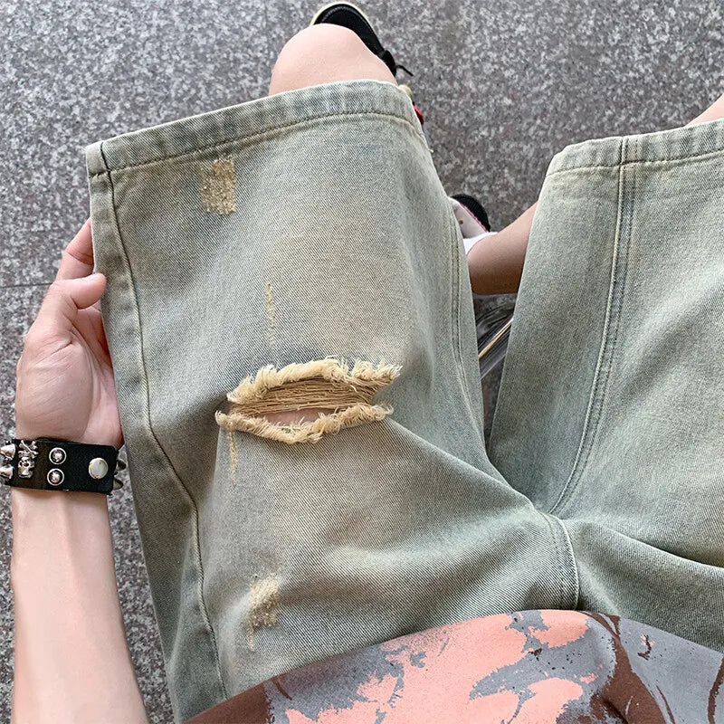 Threebooy  Distressed Denim Shorts men Vintage Wash Ripped Design Casual Summer Streetwear Destroyed Jeans Fashion man shorts