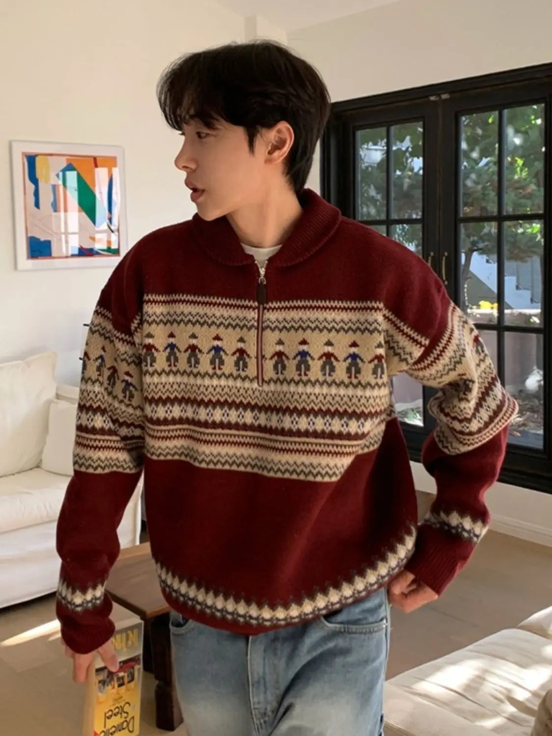 Threebooy American style autumn and winter street fashion half zipper polo sweater for couples loose retro red Harajuku knit top y2k