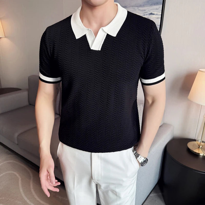 Threebooy  Summer Contrast Color Knitted Polo Shirt Men Ice Silk Breathable Short Sleeve Knitted T-shirt Lapel Casual Business POLOS